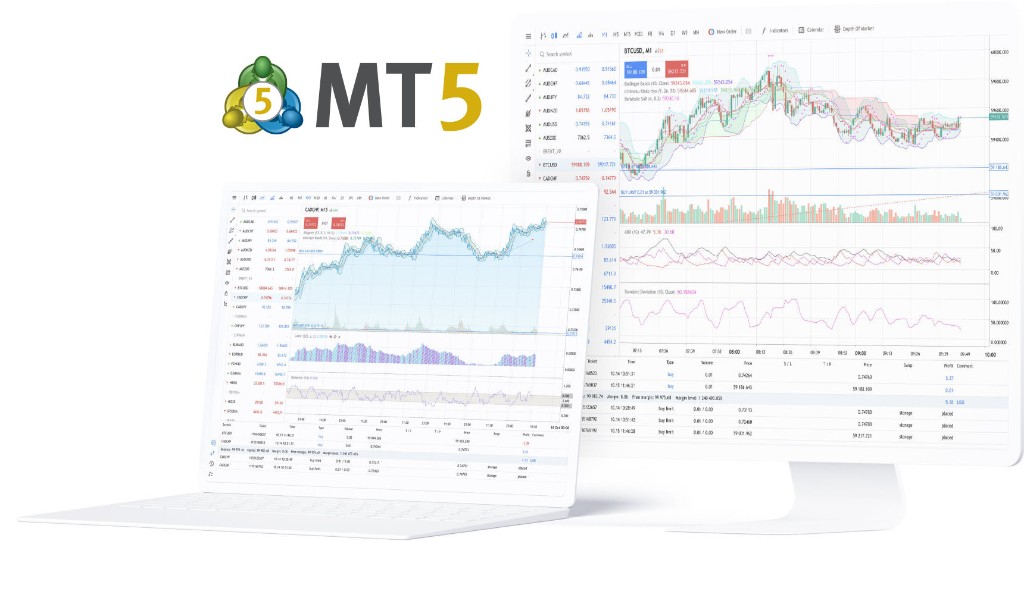 MetaTrader 5 WebTerminal 界面展示：笔记本与显示器上的 MT5 图表与交易面板