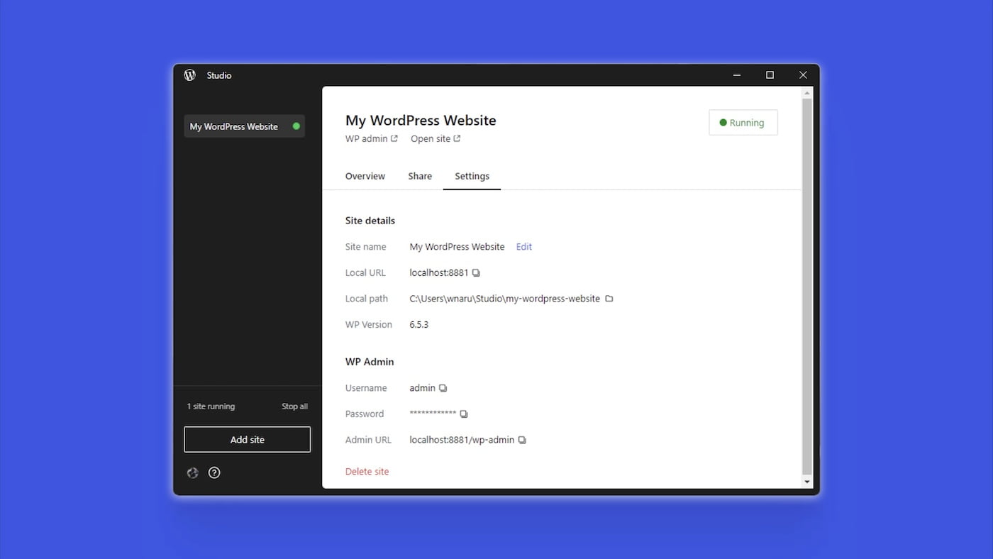 The site settings tab on the Windows version of Studio on a blue background