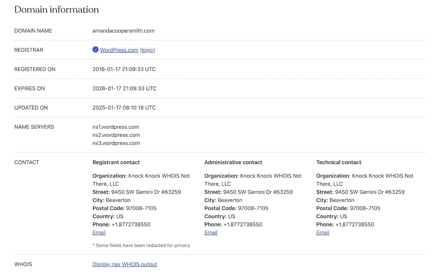 A private WHOIS output showing a domain's name, organization name, street, city, postal code, and phone number