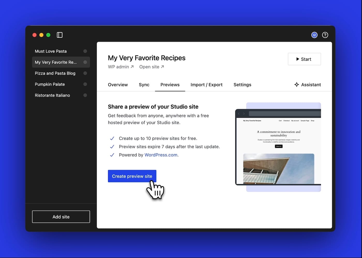 A screenshot of the Studio app open to the Preview Sites tab with the cursor over the Create Preview Site button