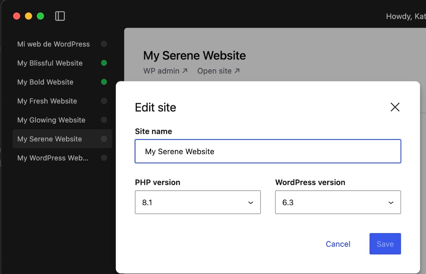 the Edit site modal window on Studio showing PHP version and WordPress version