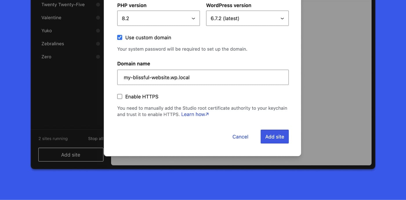 A custom domain and the enable HTTPS settings in Studio on a blue background