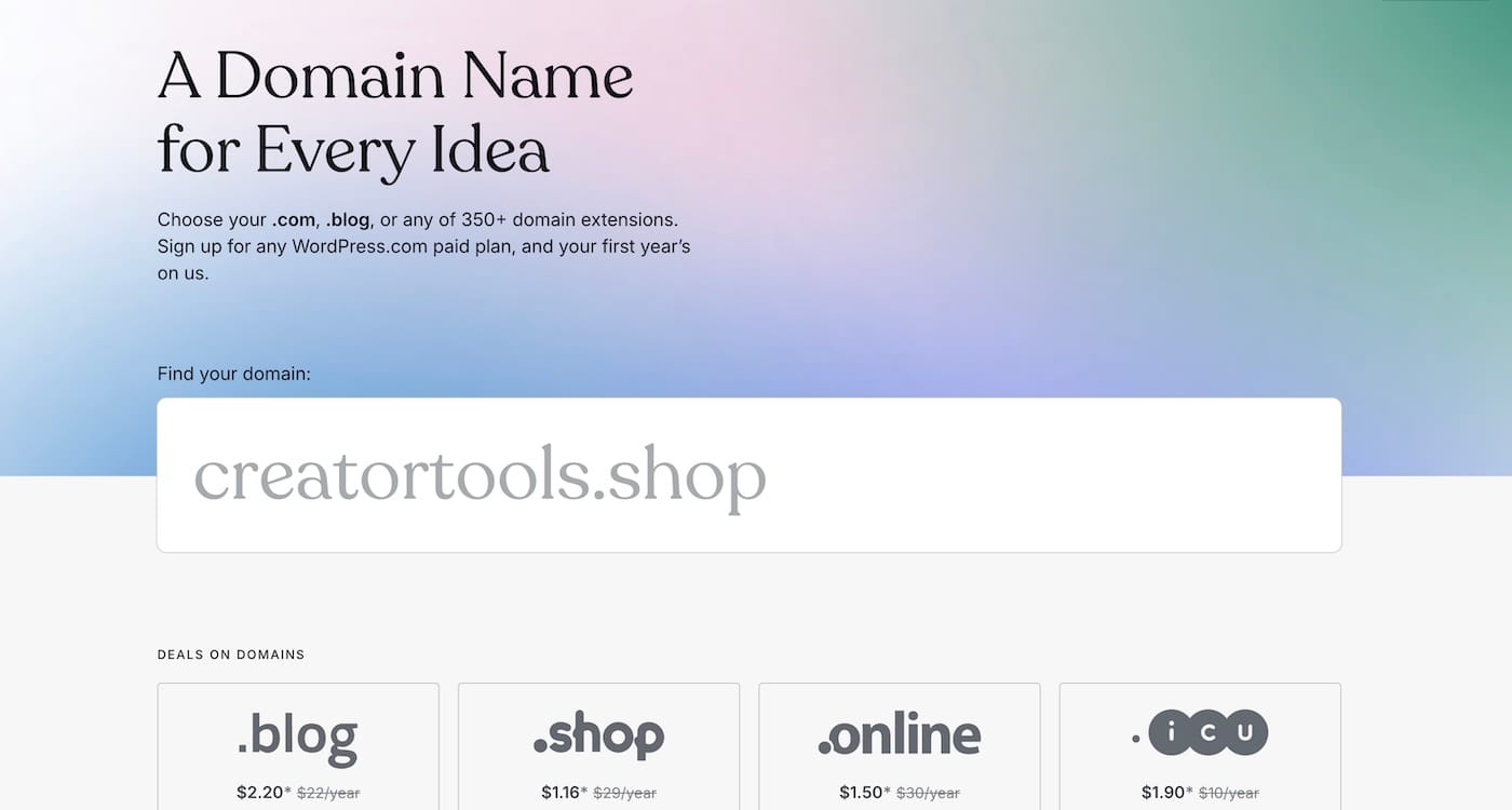 The WordPress.com domain search tool with a headline saying 'A Domain Name for Every Idea' and a field for finding a domain