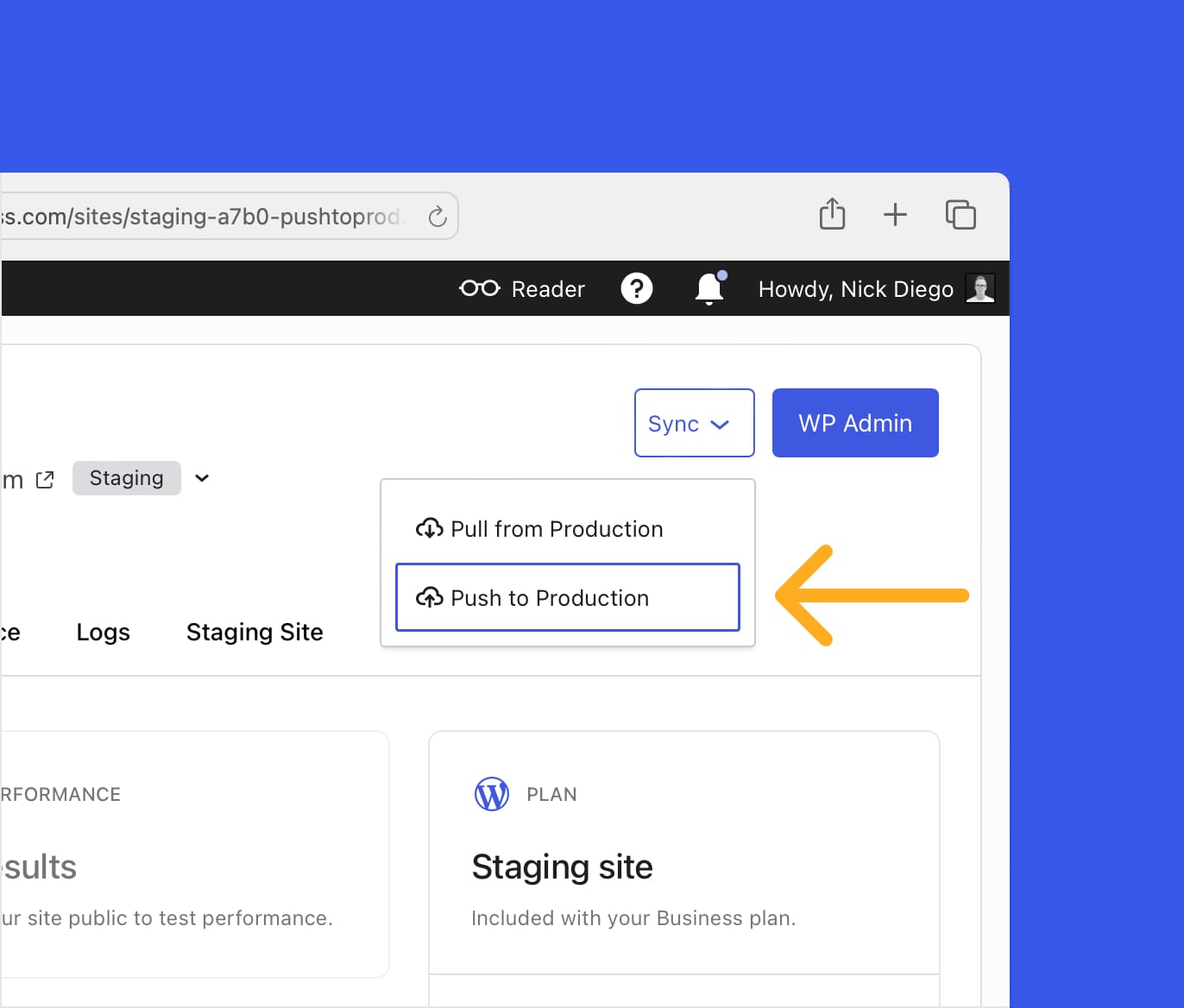 A screenshot depicting the new user interface for staging sites and the sync dropdown that let's you push and pull content between production and staging environments.