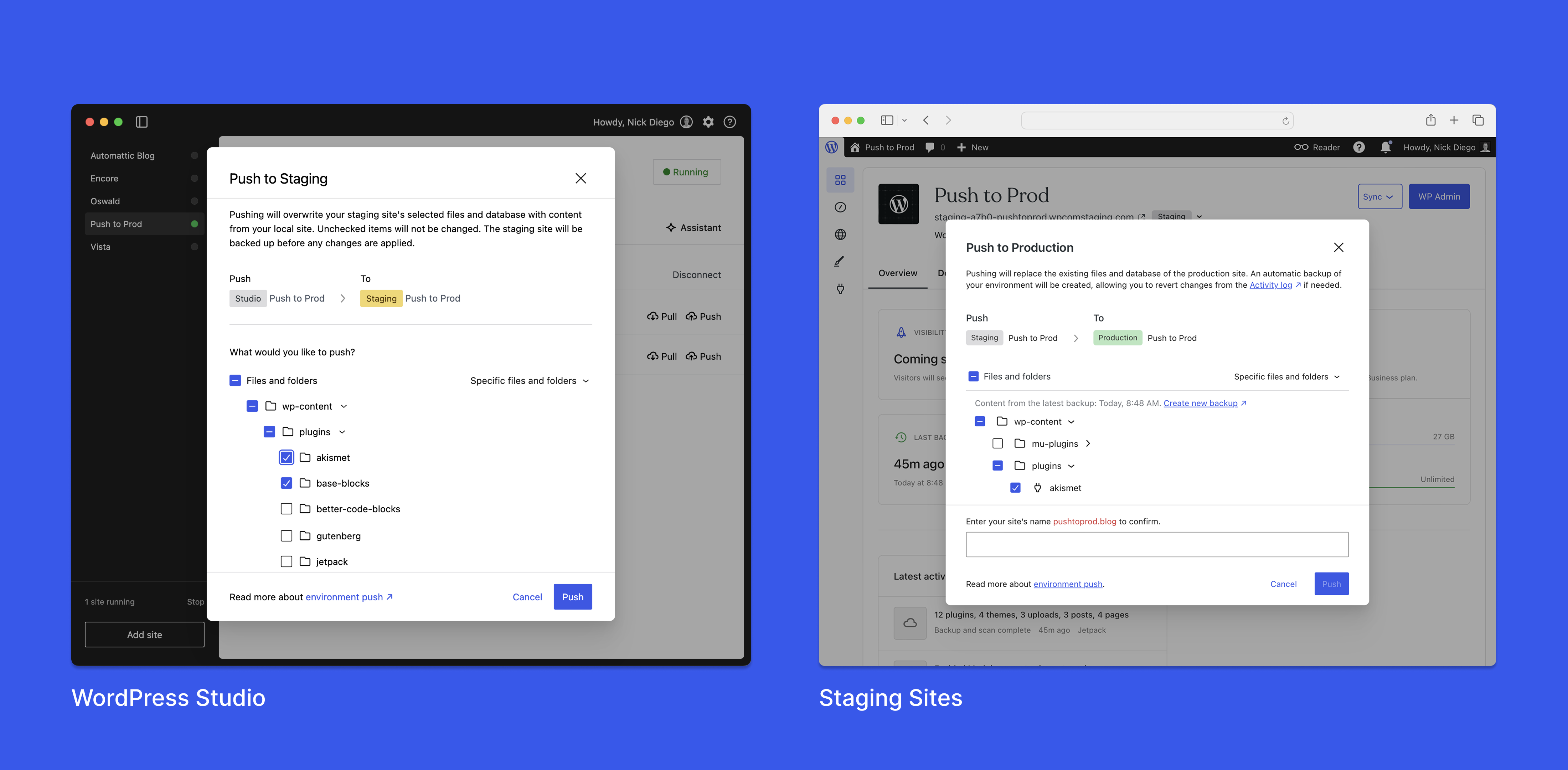 A screenshot depicting the similar sync functionality in both WordPress Studio and the new staging sites user interface.