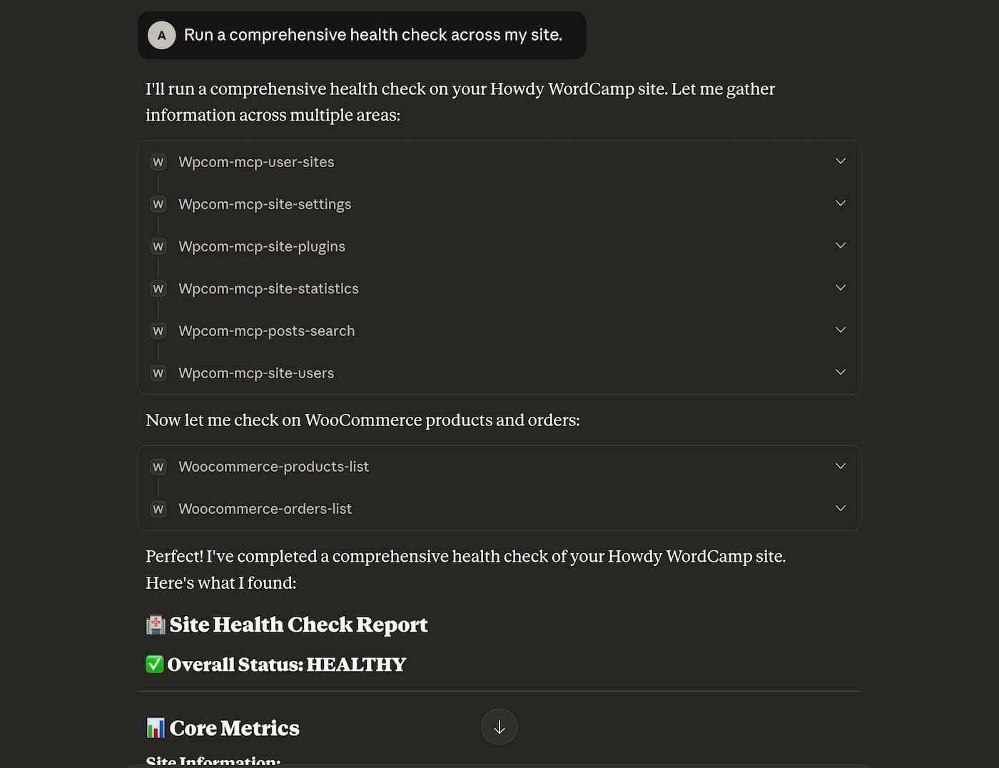 A screenshot of Claude Desktop running MCP tools when connected to a WordPress.com website