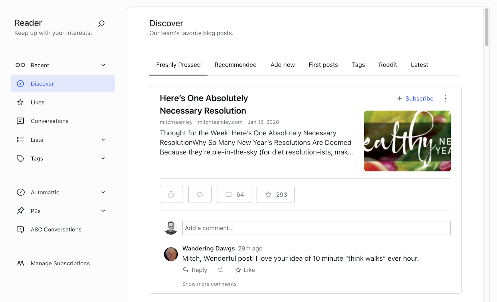Screenshot of the WordPress.com Reader.
