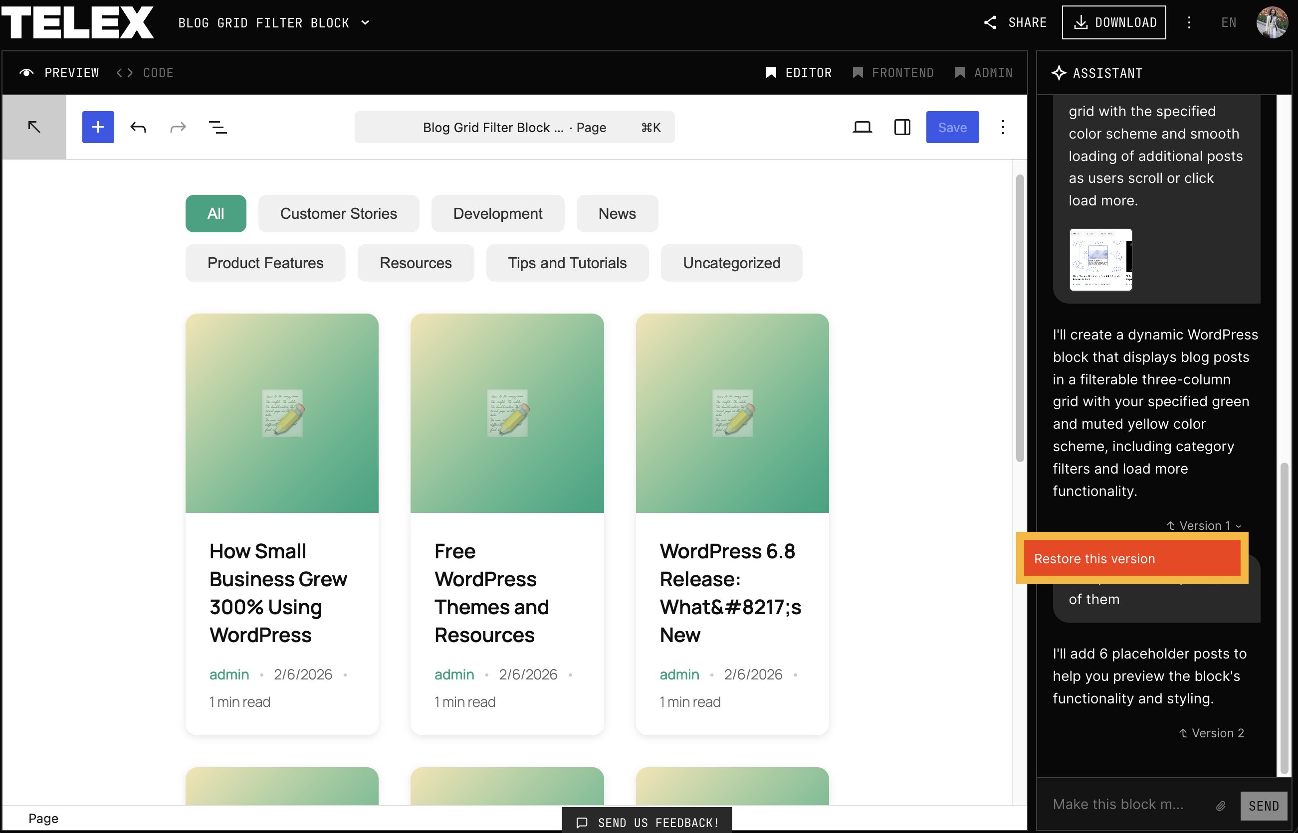 Screenshot showing version control in Telex.