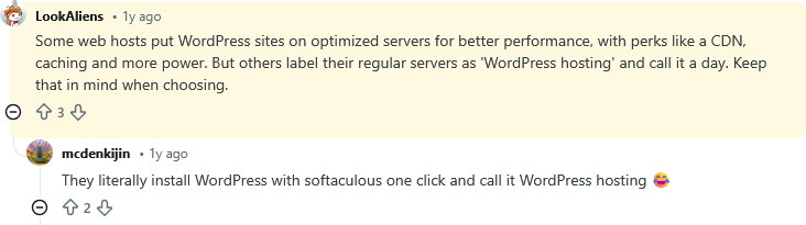 Screenshot of a Reddit thread discussing WordPress hosting.
