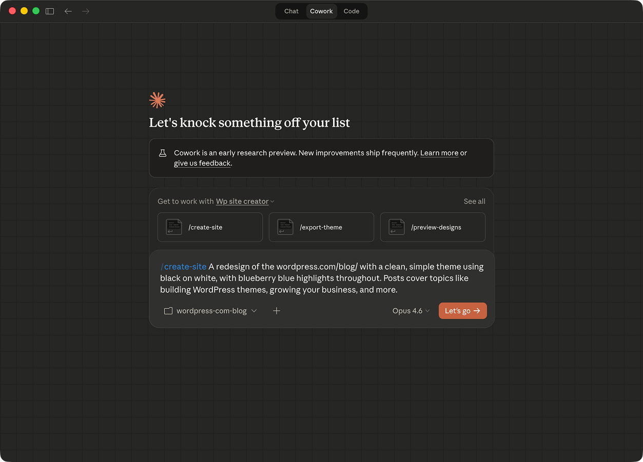 Screenshot of the WordPress site creator plugin for Claude Cowork.