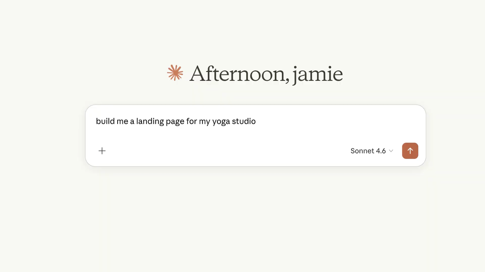 Claude text box with 'build me a landing page for my yoga studio' written inside it
