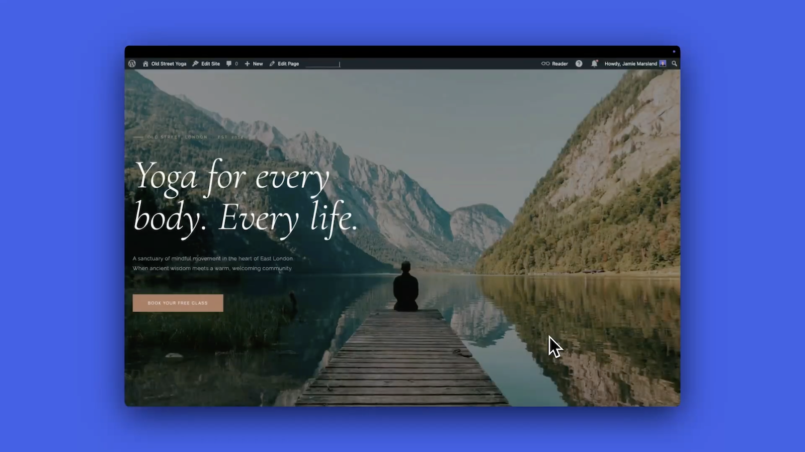 A landing page for a yoga studio on a blue background