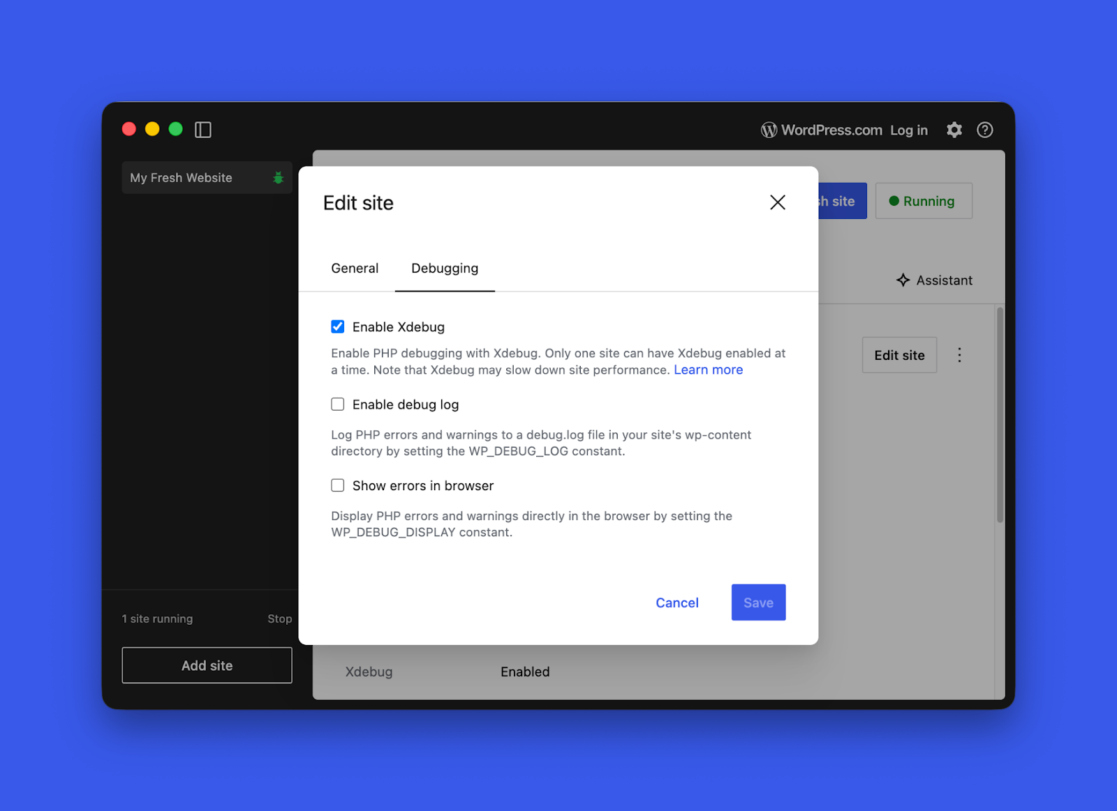 The settings page to enable Xdebug in WordPress Studio