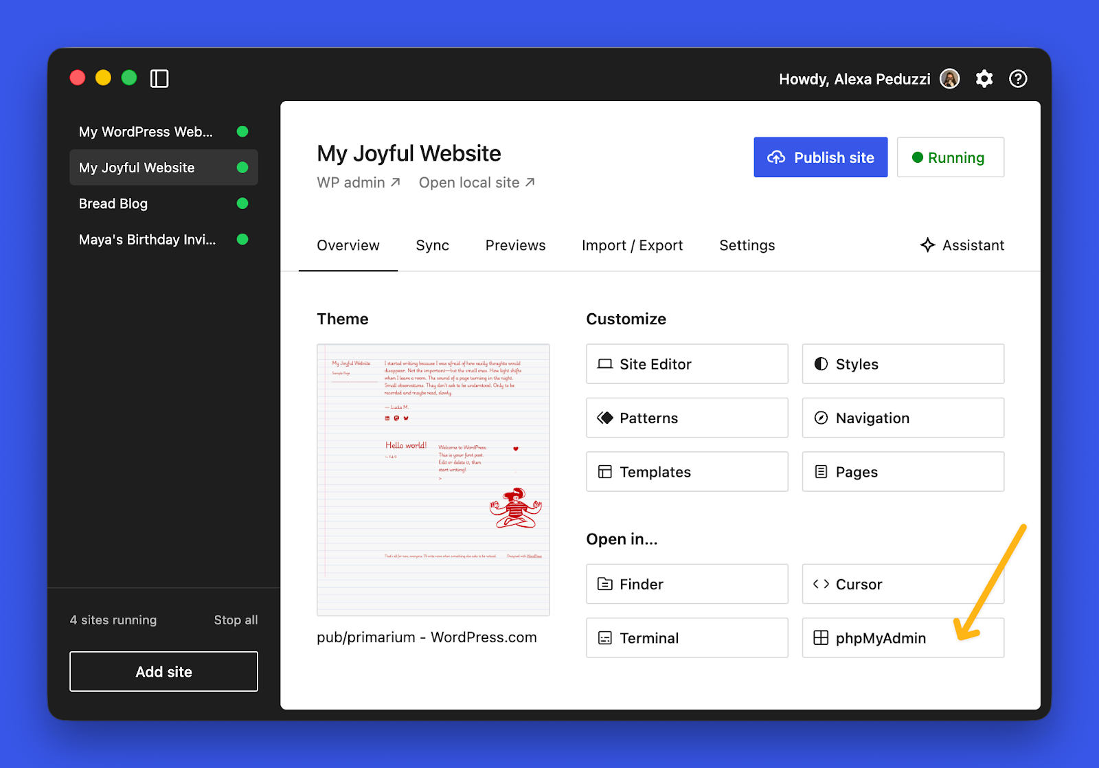 An orange arrow pointing to the phpMyAdmin button in the WordPress Studio Open in... menu